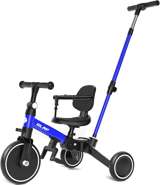 Glaf Tricycle for Toddlers 1-3 Toddler Bike with Push Handle 2-4 Years Baby Bike Toy for 1 Year Old Boys and Girls Balance Bike with Removable Pedal, Backrest, Adjustable Seat, Gifts (Blue)