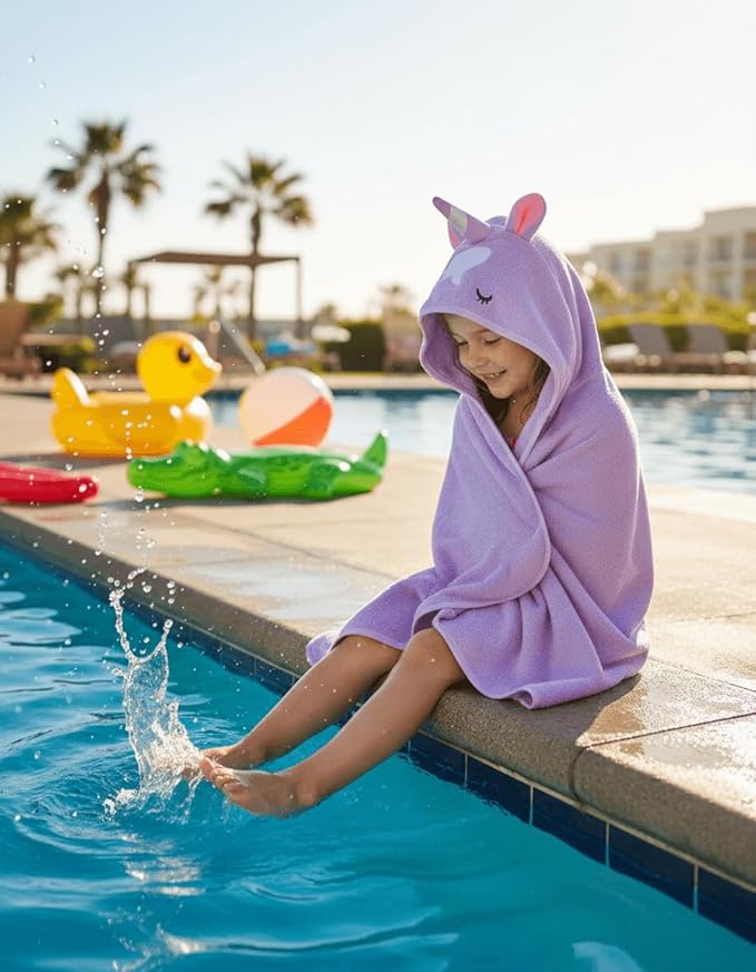 BAGNO MILANO Kids Organic Turkish Cotton Hooded Beach Cover-Up Towel, GOTS Certified, for Boys and Girls (Unicorn Purple, 24"x48"+8"/Hooded Towel)