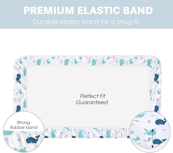 Little Grape Land Crib Sheets Baby Toddler Sheets 4 Pack Fitted for Boys Girls, Standard Size 28x52‘’ Crib Mattress, Super Soft Breathable Washable Microfiber (Whale/Shell Blue/Ocean/Navy)
