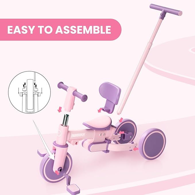 Bobike 5-in-1 Tricycle for Toddlers 18 Months to 5 Years Old, Kids Tricycle with Push Handle and Backrest, Toddler Balance Bike with Easy Assembly for Boys and Girls (Purple)