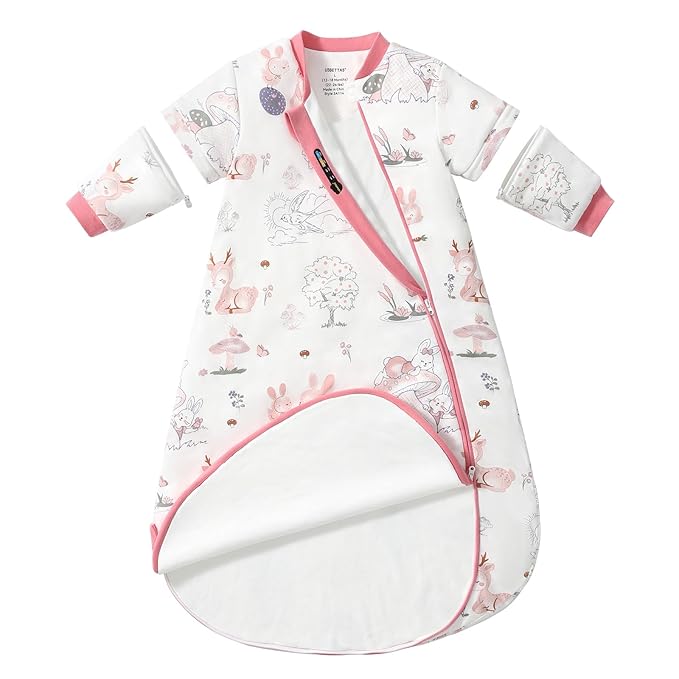 Baby Sleep Sack 12–18 Months, Cotton Sleep Sack with Detachable Long Sleeves, 1.0 TOG Wearable Blanket for Cooler Nights, 2-Way Zipper Toddler Sleeping Sack with Temperature Strip, Bunny