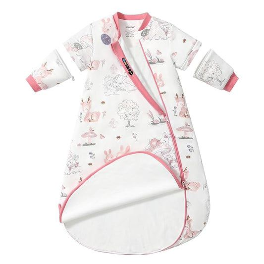 Baby Sleep Sack 12–18 Months, Cotton Sleep Sack with Detachable Long Sleeves, 1.0 TOG Wearable Blanket for Cooler Nights, 2-Way Zipper Toddler Sleeping Sack with Temperature Strip, Bunny