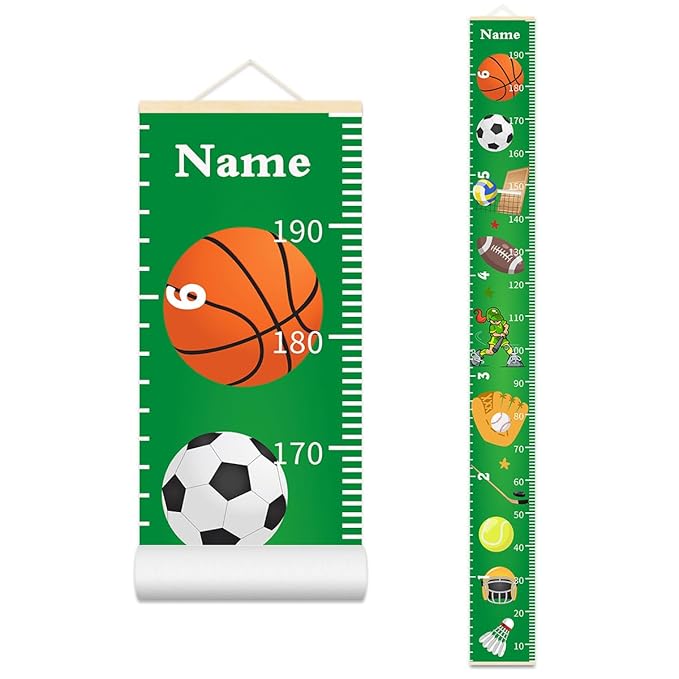 Personalized Growth Chart for Kids, Baby Height Chart with Custom Name, 77"x7.9" Canvas and Beige Wood Height Measuring Rulers for Boys Girls Removable Wall Ruler Hanging for Nursery Decor - Sports