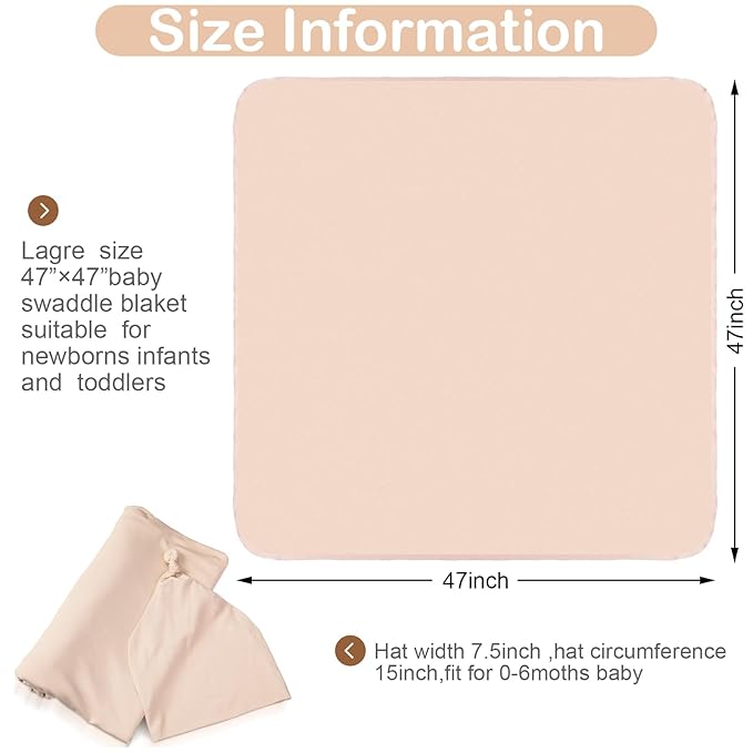 JaGely 2 Pcs Stretchy Baby Swaddle Blankets Set Extra Soft 47" x 47" Baby Newborn Swaddle Blanket and Hat(Green, Apricot)