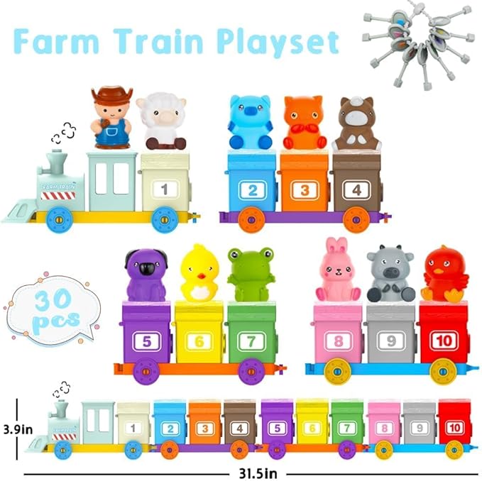 Kimicare Learning Montessori Toys for Toddlers, Sensory Farm Animals Train Toys with 10 Finger Puppets 1 Farmer, Counting Matching Sorting Barns with Keys Birthday Gifts Christmas Stocking Stuffers