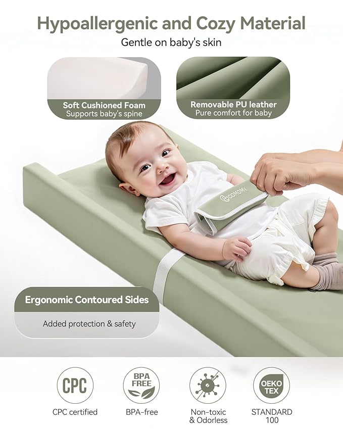 COMOMY Baby Changing Pad with Wipeable & Waterproof PU Cover, Contoured Diaper Changing Pad for Dresser with Non-Slip Safety Belt, Portable and Lightweight, Large Cushioned Foam, Green