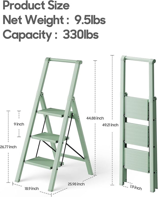 HillhutApex 3 Step Foldable Aluminum Step Ladder with Handgrip, Anti-Slip Pedal, 330 lbs Capacity, Lightweight & Portable for Home, Kitchen, Office, Garage (Pale Green)