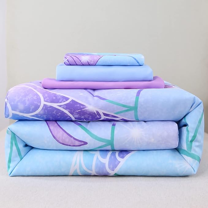 URBONUR 4 Piece Toddler Bedding Set for Girls Blue Purple Mermaid Toddler Bedding Sets Cartoon Scales Toddler Bed in a Bag for 2-6 Years