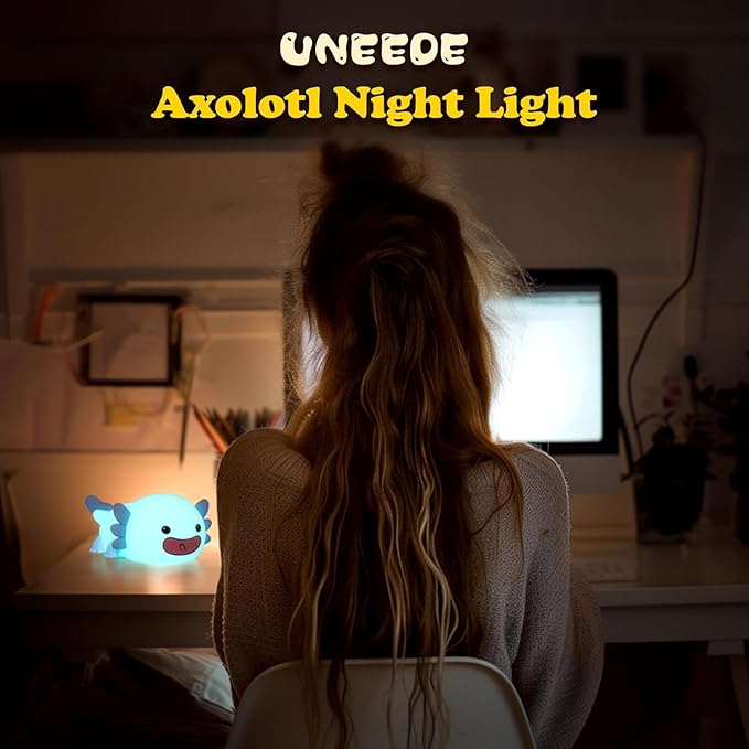 UNEEDE Axolotl Night Light for Kids, Animal Silicone Nursery Night Lamp, Rechargeable Table Lamp Bedside Lamp, Cute Room Decor Night Light for Bedroom Living Room Desk Kawaii Toys Valentines Day Gifts