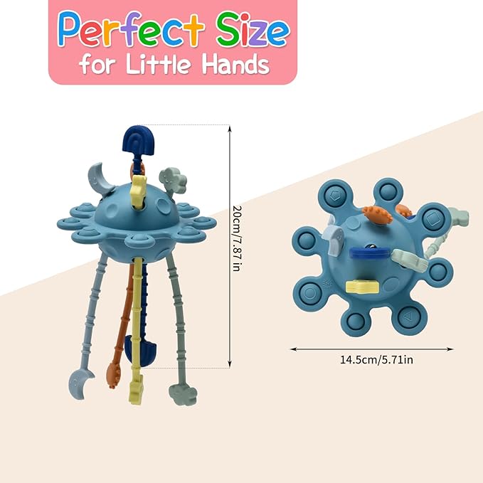 Little Rawr Silicone Baby Sensory Montessori Toys & Pull String Teething Toys for 18 M+, Toddler Birthday Gift Car Seat Airplane Travel for 1 2 Year Old Boy Girl Infant 18 Months Old (Blue)
