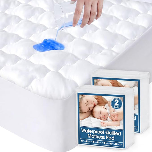 2 Pack Twin Extra Long (XL) Mattress Protector Pad Waterproof Quilted, Breathable & Cooling Twin XL Mattress Cover Fitted for College Dorm Room Essentials with Deep Pocket Up to 14", (White)