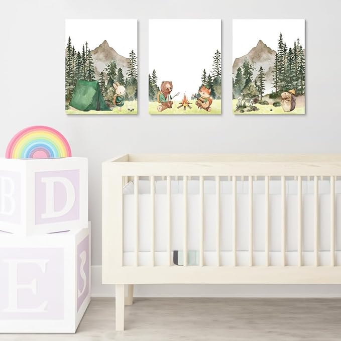 Camping Nursery Wall Art, Woodland Hiking Nursery Wall Decor, Bear Fox Print, Mountain Forest Wall Art, Outdoor Adventure Nature Picture for Baby Boy Girl Room Decor, Framed Set of 3, 12"x16"x3