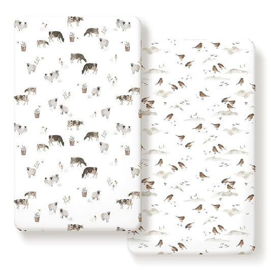 Stretch Ultra Soft Jersey Knit Fitted Crib Sheets Set 2 Pack，Fit All Standard Crib Mattress Pads Safe and Snug, Crib Fitted Sheet for Baby, Cute Watercolor Cows and Birds Print