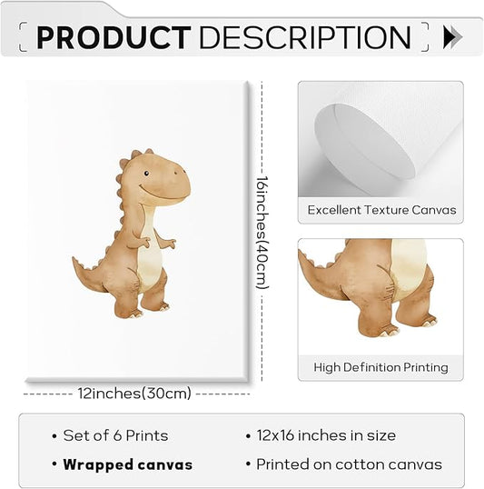 Dinosaur Nursery Wall Art Kids Canvas Poster Boys Room Wall Decor Watercolor Dino Wall Art Toddler Baby Pictures Dinosaur Prints Nursery Artwork for Boys Room Bedroom 12x16x6 Inch Ready to Hang