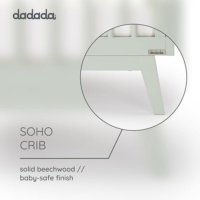 dadada Baby Soho 3-in-1 Convertible Wooden Crib to Toddler Bed - Made in Italy, GREENGUARD Gold Certified, Baby-Safe Finish, Handcrafted Beechwood, Modern Design, 3 Adjustable Heights (Sage)