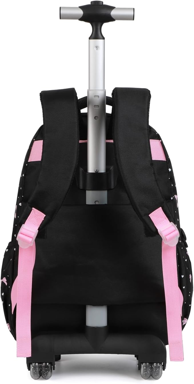 kingdisen Women Large Rolling travel Backpack for kids, Wheeled Backpack with Adjustable Shoulder Straps, Nylon Book Bag 3pc Set (BOWKNOT BLACK)