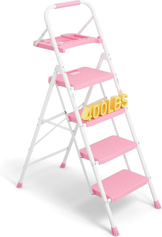 BONTEC 4-Step Ladder, 400lbs Max Load, Folding Step Stool with Tool Tray, Anti-Slip Pedals, Sturdy Steel, Lightweight Portable Ladder with Handrail for Home & Work Use, Pink