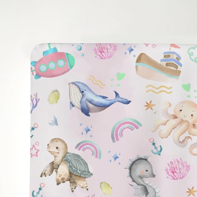 Colorful Ocean Animals Baby Crib Sheets for Boy Girl 52x28Inch Sea Horse Turtle Whale Rainbow Corals Soft Snug Fitted Crib Mattress Cover Marine Life Baby Sheet for Standard Crib & Toddler Mattress