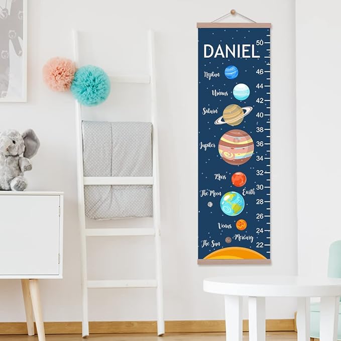 Personalized Name Kids Growth Chart Ruler Flower Dinosaur Growth Ruler Canvas Wall Ruler Oak Solar Woodland Theme Kids Height Chart Baby Wall Growth Chart with Custom Name (Solar)