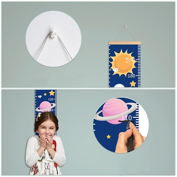 Baby Height Growth Chart - Canvas Height Chart for Kids Baby Child Toddler Boys Girls Growth Chart for Wall Room Nursery Decor Hangable and Removable Measuring Wall Ruler (Space, Beige Wood)