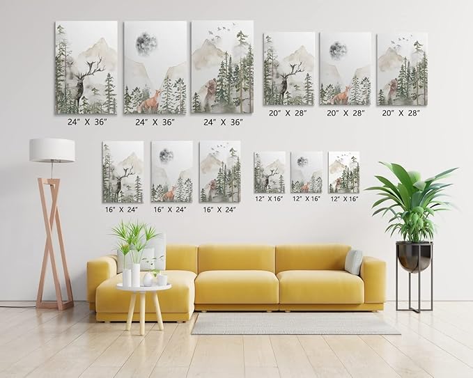 SKYSUKEY Nursery Wall Decor Foggy Forest Animal Wall Art Woodland Adventure Boy Nursery Decor Watercolor Mountain Outdoor Nature Canvas Prints for Boy's Room Girl's Room, Framed Set 3, 12"x16"