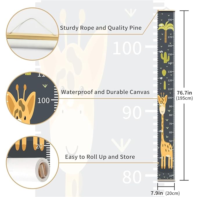 Baby Height Growth Chart - Canvas Height Chart for Kids Baby Child Toddler Boys Girls Growth Chart for Wall Room Nursery Decor Hangable and Removable Measuring Wall Ruler (Cactus Giraffe, Beige Wood)
