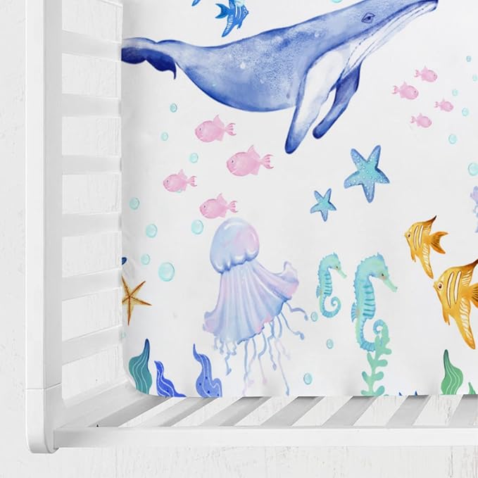 Ocean Animals Corals Sea Weeds Baby Crib Sheet 52''x28'' Colorful Nautical Life Fitted Crib Mattress Covers for Boy Girl Nursery Toddler Baby Bed Sheet Fits Standard Crib Toddler Mattress