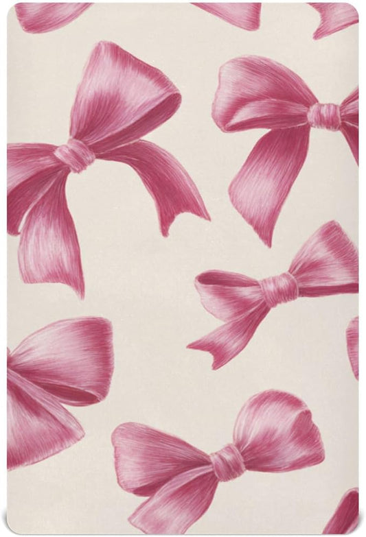 Deep Pink Ribbon Bows Crib Sheets Standard Crib Toddler Mattresses Cover Fitted Baby Bed Sheet Breathable Crib Mattress Sheet for Girls Boys 39''x27''x9''