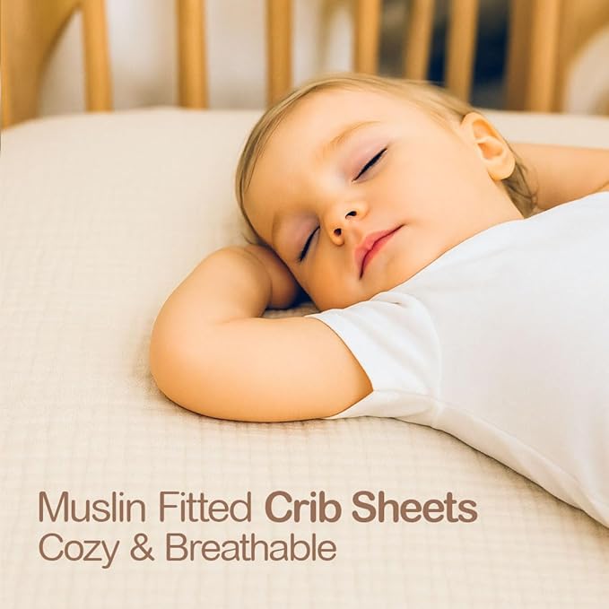 Mère & Moi Muslin Fitted Crib Sheets – 100% Cotton, Ultra-Soft & Breathable Baby Bedding for Standard Crib & Toddler Mattress (28” x 52”) - 2 Pack (Green and Cream)