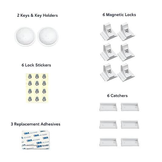 Magnetic Safety Lock Kit 6 Locks + 2 Keys, 3M Adhesive Easy Installation, Baby Proofing Magnetic Locks for Cabinets and Drawers