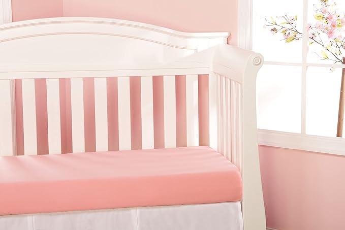 2 Pack Fitted Crib Sheets for Girls in 100% Jersey Knit Cotton – Pink and Yellow Precious Moments Design Plus Solid Pink Girl’s Crib Mattress Sheets by Everyday Kids