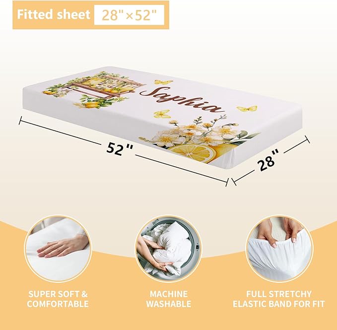 Personalized Baby Crib Bedding Set, 3 Pcs Custom Nursery Bedding Set with Name, Soft Baby Crib Set with Double Layer Blanket for Boys Girls, Customized Gifts for Infants Toddlers, Yellow Lemon