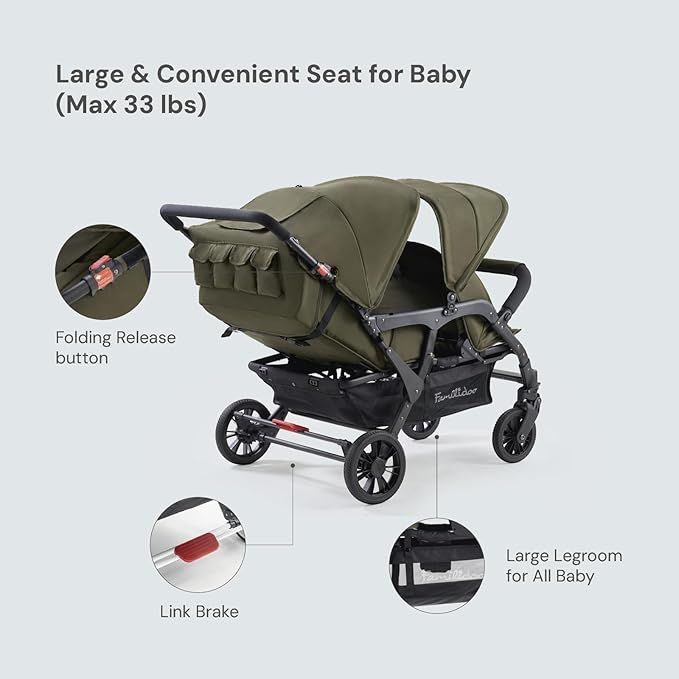 Familidoo H4E Quad Lidoo Lite 4-Seater Stroller Wagon for Kids, Lightweight & Foldable with Reclining Seats, 5-Point Harness, Double Canopy & Rain Cover (Olive)