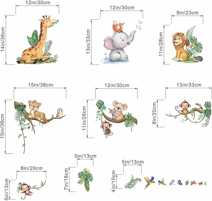Baby Animal Wall Decals for Nursery: Jungle Safari Theme Kids Room Decor with Peel and Stick Removable Vinyl Wall Stickers for Kids Ages 0-12 Years