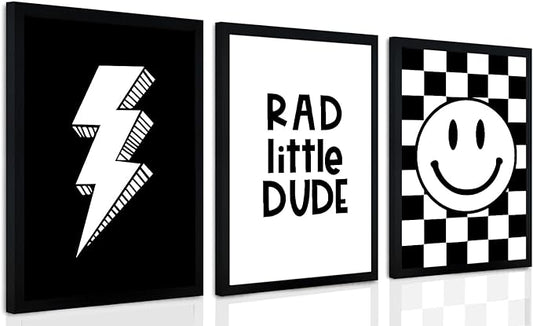 arfitest Boy's Room Wall Art Children's Canvas Wall Decoration Black Checkered Smiling Face Poster Picture Retro Game Room Bedroom Art Print 12x16 inch Frame 3-Piece Set
