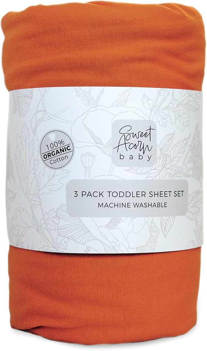 3 Piece Toddler Bedding Sets - Organic Cotton Jersey Knit - Fits Convertible Cribs and Mattresses - 9" x 28" x 52" - Sunset Orange