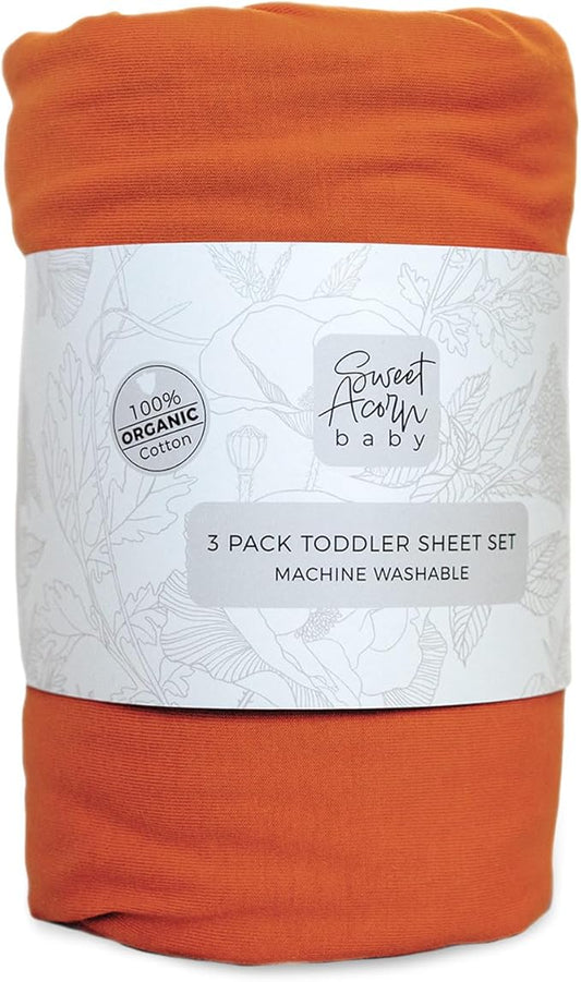 3 Piece Toddler Bedding Sets - Organic Cotton Jersey Knit - Fits Convertible Cribs and Mattresses - 9" x 28" x 52" - Sunset Orange