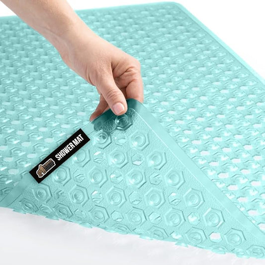 GORILLA GRIP Patented Bath Tub Shower Mat, Machine Washable Bathtub Floor Liner Mats, Suction Cups and Drain Holes to Keep Tubs Clean, Soft on Feet, Bathroom Essentials, 35x16 Inch, Clear Green
