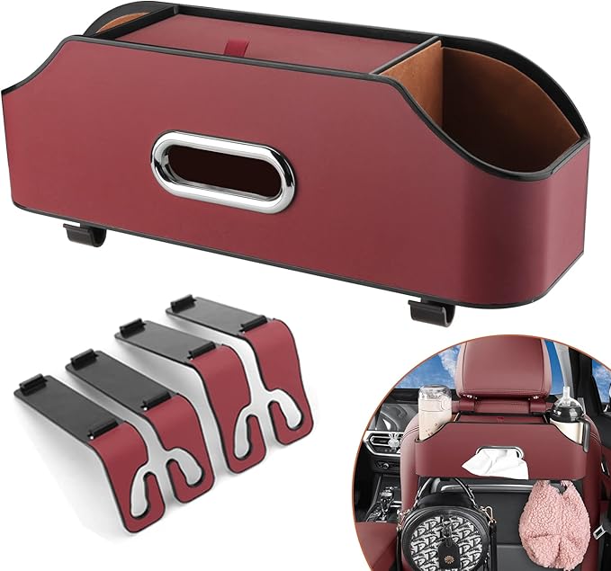 HALOYIVGO Car Seat Back Organizer - Stylish & Functional Storage for Family Adventures - Cup Holders, Tissue Box & Hooks - Perfect for Kids, Road Trips & Travel (Red)