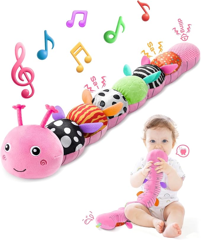 Baby Toys 6-12 Months Music Caterpillar,Stuffed Animals Infant Toys 0-3-6 Months,Baby Sensory Toys Tummy Time with Crinkle Rattle Teething Toys for Newborn Boys Girls Gifts Birthday|Rose Pink