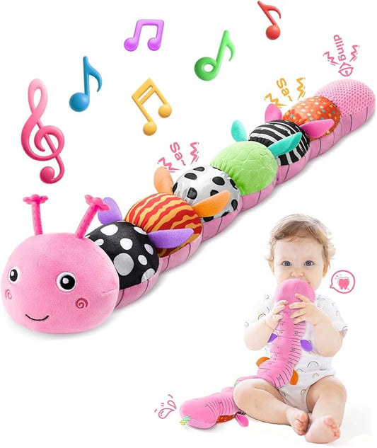 Baby Toys 6-12 Months Music Caterpillar,Stuffed Animals Infant Toys 0-3-6 Months,Baby Sensory Toys Tummy Time with Crinkle Rattle Teething Toys for Newborn Boys Girls Gifts Birthday|Rose Pink