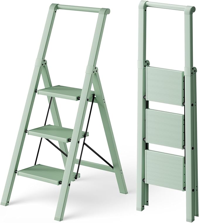 HillhutApex 3 Step Foldable Aluminum Step Ladder with Handgrip, Anti-Slip Pedal, 330 lbs Capacity, Lightweight & Portable for Home, Kitchen, Office, Garage (Pale Green)