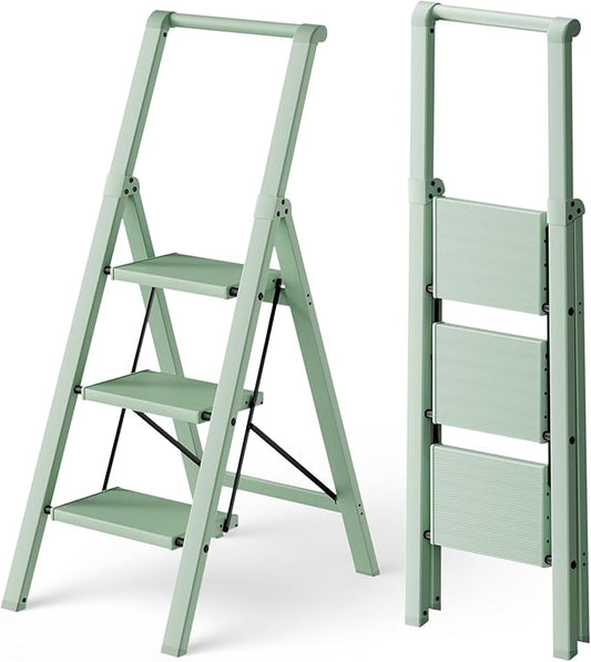 HillhutApex 3 Step Foldable Aluminum Step Ladder with Handgrip, Anti-Slip Pedal, 330 lbs Capacity, Lightweight & Portable for Home, Kitchen, Office, Garage (Pale Green)