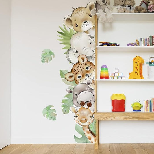 55.1 x 15.7 Inch Watercolor Jungle Animal Wall Decals Forest Animal Wall Sticker Elephant Tiger Giraffe Decals for Baby Nursery Playroom Bedroom Classroom Kindergarten Wall Decor