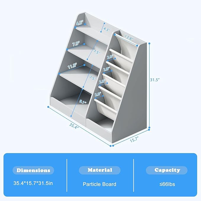 HedoAjim Gray 4 Tier Kids Wooden Bookshelf,Five Layer Sling Toddler Front Facing Bookcase,Baby Kids Storage Book Rack,Book and Toy Organizer Cabinet,Child Book Display Playroom Nursery Bedroom
