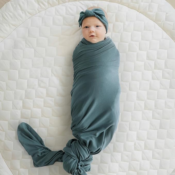 GRSSDER Newborn Swaddle Blanket, Ultra Soft Jersey Receiving Blanket with Matching Headband and Beanie Set, 47×47" Extra Large Nursery Swaddle Wrap for Girls and Boys