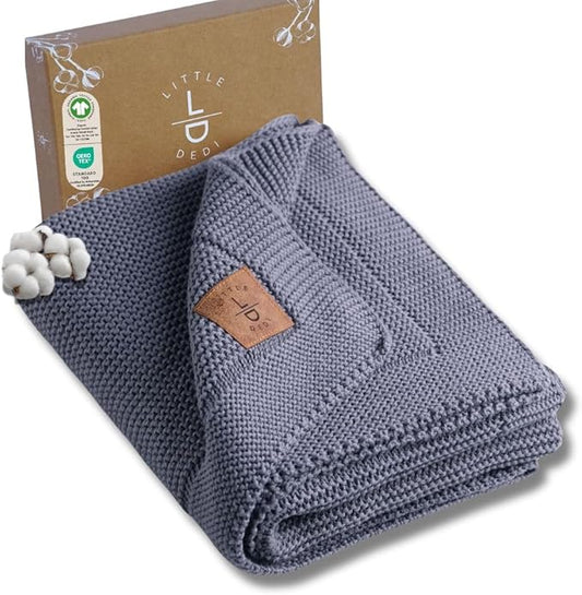 100% Organic Cotton GOTS Certified Baby Knitted Blanket with Gift Box - Soft Toddler, Crib, Stroller Blanket - Neutral Swaddle and Receiving Blanket for Newborns, 30"x40", Grey Blue