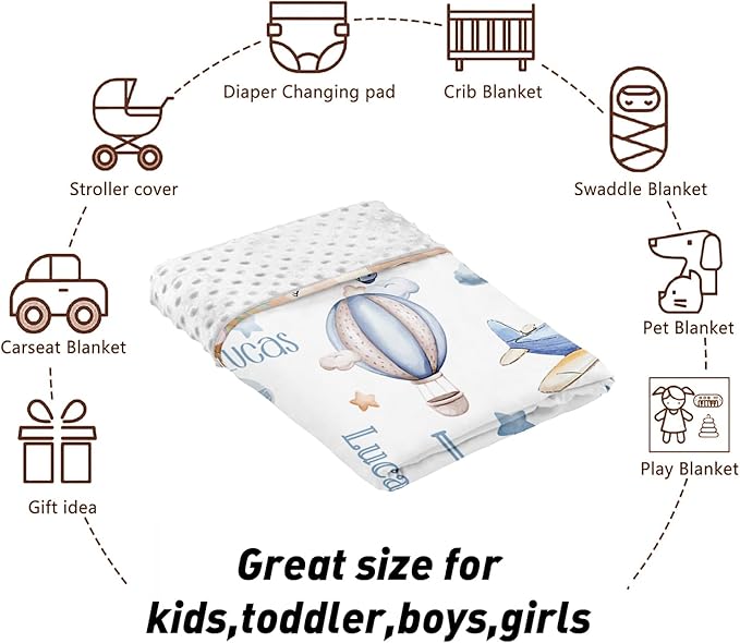 Custom Name Crib Bedding Set 3-Piece – Toy Airplane Design Baby Bedding Set with Personalized Soft Blanket, Fitted Sheet, Changing Pad Cover – Ideal Newborn Gift for Boys and Girls