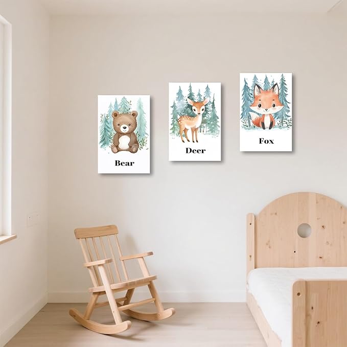 LZIMU Nursery Animal Canvas Wall Art 3 Pieces Cute Animal Baby Picture Prints Woodland Nursery Painting for Kids Boy Girls Room Decor Framed (Green, 16x24inchx3 Pieces)