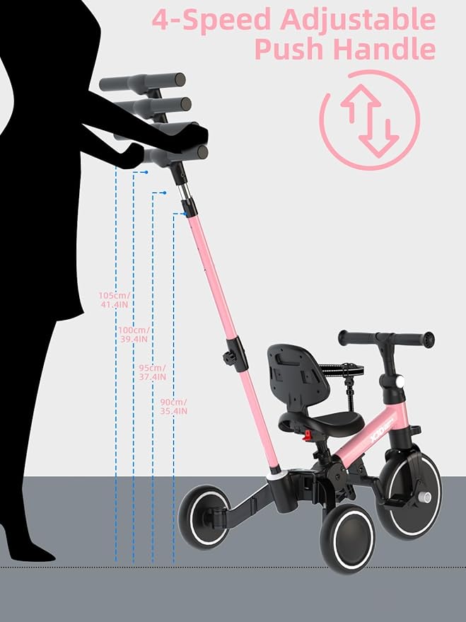 XJD Toddler Bike, 6 in 1 Folding Toddler Tricycle for 1-4 Year Old with Parental Control Handle, Balance Bike with Removable Pedal, Backrest, Adjustable Seat, First Birthday Gifts (Pink)